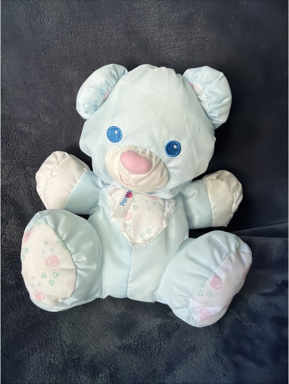 Puffalump Blue Teddy Bear Rattle VINTAGE Fisher-Price 1994 Hearts lace 9 Inch